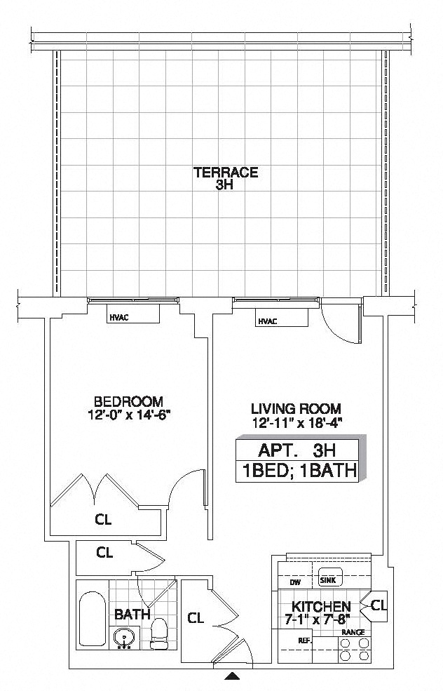 Floor plan for 1 bed, 1 bath, 733 sqft